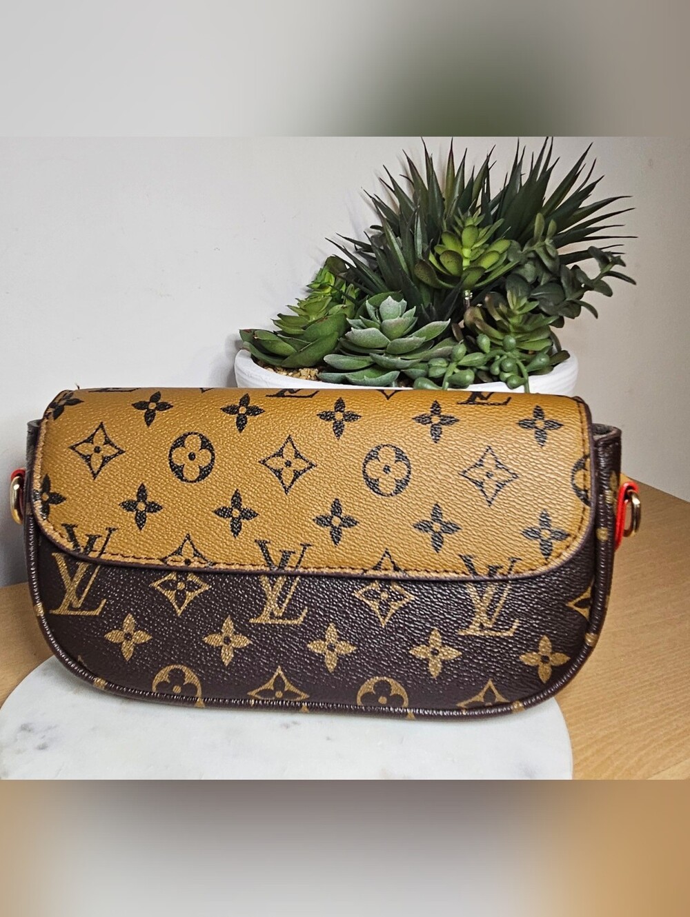 Designer Inspired Two-Tone Monogram Crossbody Bag In Brown & Tan